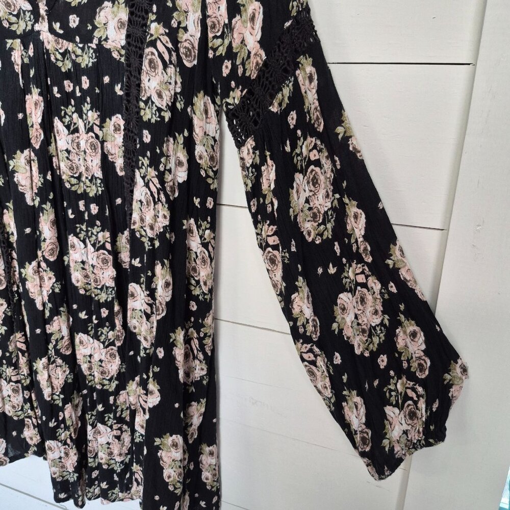Black Floral Boho Tunic Dress W/ Crochet Details By Rebellion Size M - Picture 3 of 7
